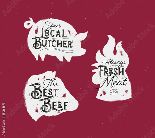 Butcher set meat chicken beef and pork illustration drawing in vintage sketch style with grey color on red background