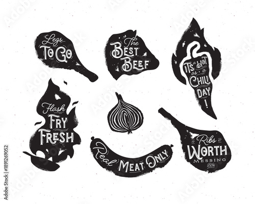 Barbecue collection grilled meat chicken leg fry pan steak chili and sausage with lettering drawing in monochrome vintage sketch style on white background
