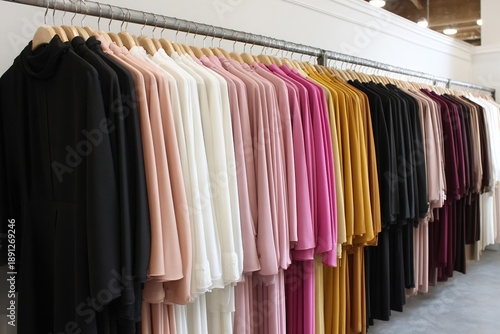A diverse collection of modest islamic clothing in various colors, hanging on a clothing rack