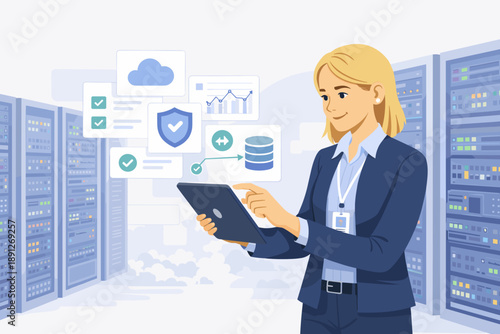 Caucasian female IT engineer maintaining network servers data center security