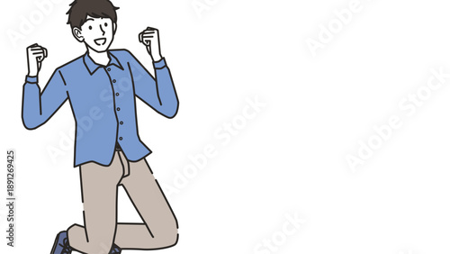 ジャンプして喜ぶ男性(コピースペースあり)