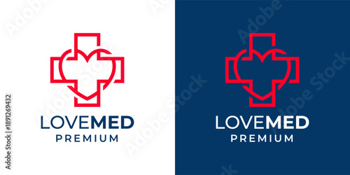 Heart and Plus or Cross Connected Icon Symbol Healthcare Medical Logo Design Vector Template. Medical Health Logo Illustration.