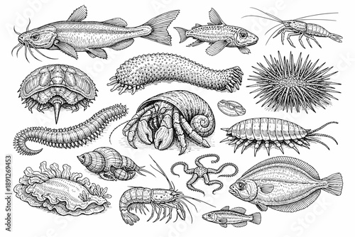 Intricate black and white drawings of diverse aquatic animals and sea creatures
