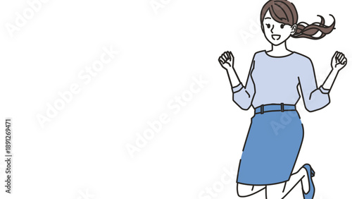 ジャンプして喜ぶオフィスカジュアルの女性