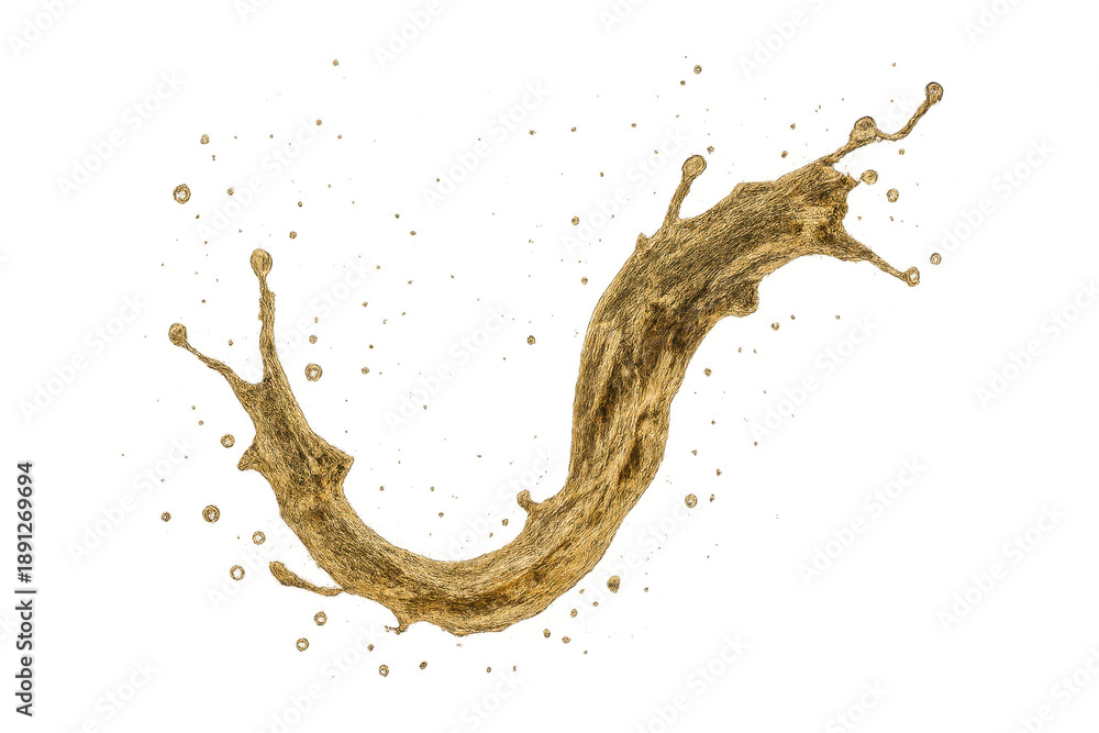 Fototapeta premium Golden liquid splash with glistening droplets on transparent background