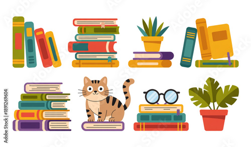 Cute books and houseplants illustration set with cat and glasses isolated on white background cozy vector