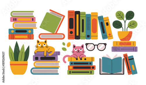 Cozy reading elements set with books plants glasses and cat isolated on white background vector illustration