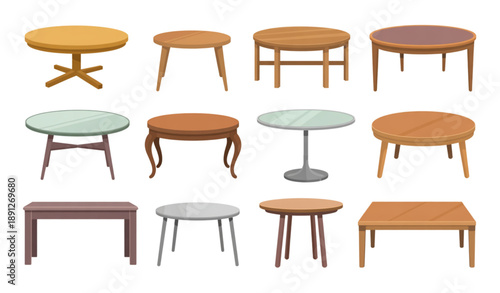 Minimal modern tables set in various shapes and colors isolated on white background furniture vector design