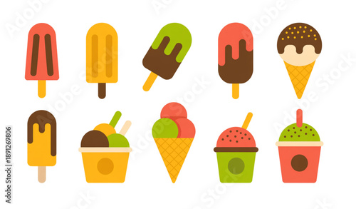 Cute ice cream popsicles and frozen dessert collection isolated on white background colorful vector design