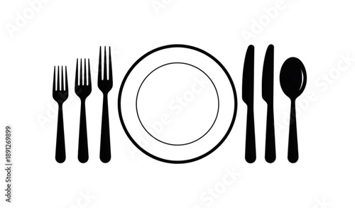 Silhouette top view table setting with dinner plate knives forks spoons vector flat illustration isolated on white background