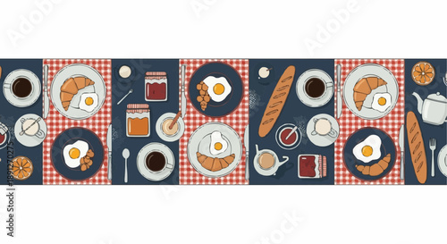 Breakfast table settings with eggs bread coffee and juice on red checkered tablecloths