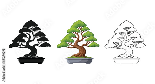 Bonsai tree illustration set with miniature potted tree in silhouette, color, and outline styles