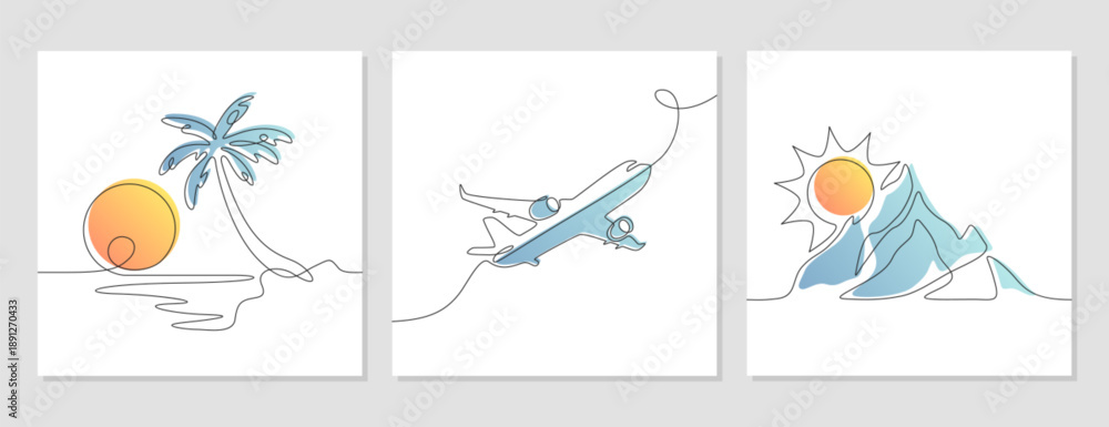 Fototapeta premium Vector doodle continuous one line art drawing of airplane in sky, mountain, sun, island with palm tree and ocean. Minimal linear travel silhouettes. Single outline journey icons posters or banners