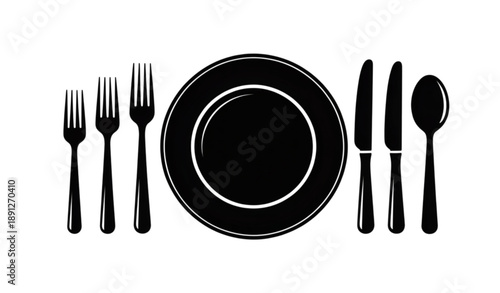 Top view dinner table setting vector with plate knives forks spoons silhouette flat illustration for restaurant design