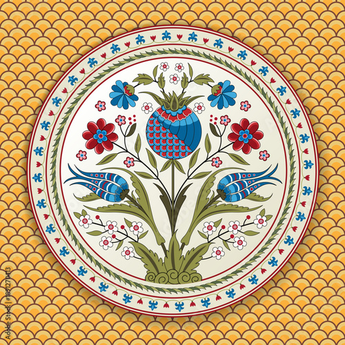 Round floral illustration with decorative border and seamless background. Iznik, Suzani style. Decorative plate. Central Asian, Turkish, Arabic art legacy. 