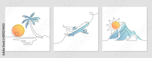 Vector doodle continuous one line art drawing of airplane in sky, mountain, sun, island with palm tree and ocean. Minimal linear travel silhouettes. Single outline journey icons posters or banners