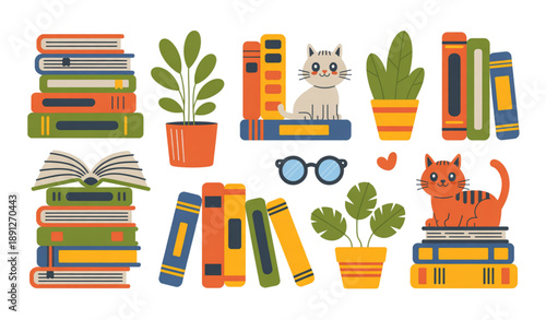 Cute illustration set of books plants and cat for cozy reading lifestyle isolated on white background