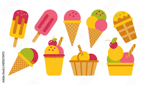 Cute vector ice cream set with colorful popsicles cones and cups with fruit juice toppings flat illustration
