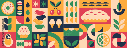 Abstract geometric coffee pattern with bakery, drink cups, plant, tea leaves, pie, sweets icons or bauhaus brutalist elements. Vector minimalist seamless background, design template for cafe menu