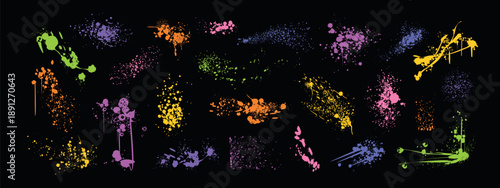 Vector set colorful spray paint inky blots, liquid splatters, drips. Hand drawn splashes, graffiti speckles, inkblot spots with dusty grunge effect. Mud drops, blobs, dirty stains with gritty texture