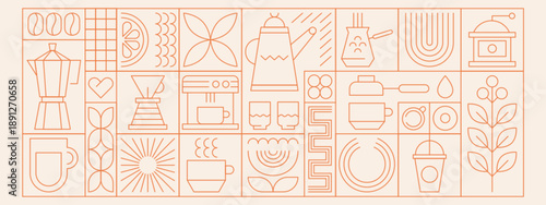 Abstract geometric coffee pattern in minimalist style. Vector seamless background with line art beans, drink cups, hot pot, plant, leaves, bauhaus simple shapes elements. Design template for cafe menu