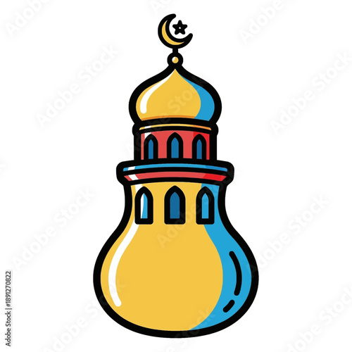 A stylized illustration of a mosque minaret with a crescent moon and star on top.