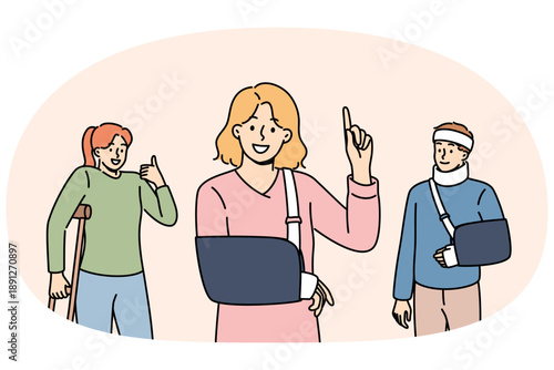 Injured people received treatment at clinic show approving gestures confirming quality of healthcare. Patients of traumatologist are satisfied with amount of medical insurance and healthcare system