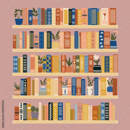 This flat vector style bookshelf design features patterned book spines, indoor plants, and warm earthy tones, creating a cozy, creative, and stylish home library atmosphere. 
