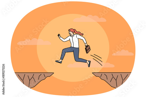 Business woman boldly performs challenge of jumping over abyss to achieve professional goal. Girl manager commits heroic act during challenge on income or achieving new skills for career growth