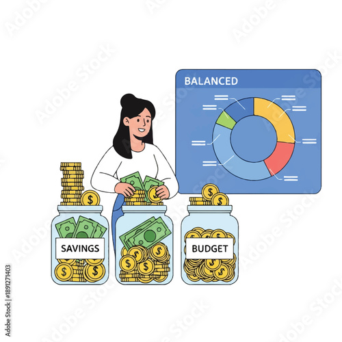 Illustration of a woman managing finances, putting money into labeled jars for savings, expenses, and budget with a pie chart on a blue background.