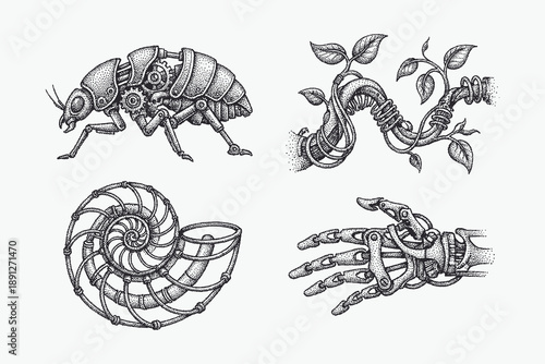 Steampunk Biomechanical Illustrations Set: Insect, Plant, Nautilus Shell, and Robotic Hand.