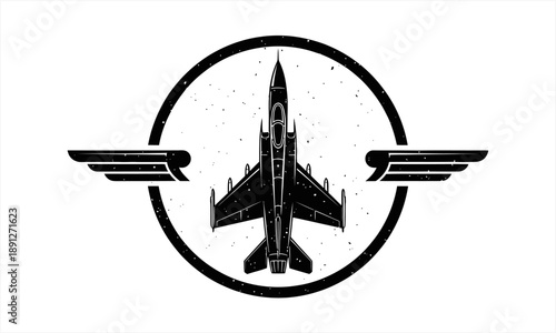 Vintage Military Jet Emblem with Wings and Circle Design.