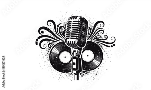 Vintage Microphone and Vinyl Records Music Theme Illustration.