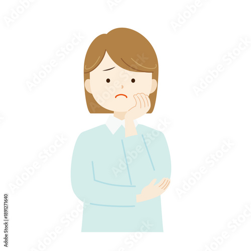 頬杖をついて困っている女性の上半身イラスト　悩み・迷い・考え中