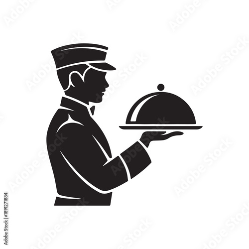 Waiter Serving Food Tray Silhouette Icon in Black and White