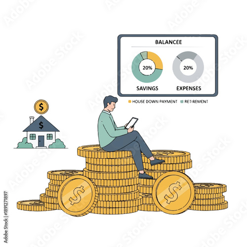 Illustration of a man sitting on coins with a tablet and house icon, depicting savings and expenses in a graphic style with a clean white background.