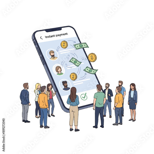 Illustration of diverse people surrounding a large smartphone displaying instant payment with coins and bills floating out, on a white background.