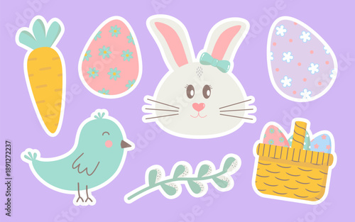 Easter sticker set with cute bunny, bird and eggs. Hand drawn doodle style vector illustrations for scrapbooking and kids craft.