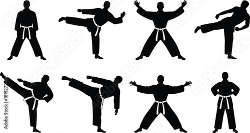 Martial arts karate silhouette icon set featuring fighters performing kicks, blocks, and stances, black sport training poses isolated on white background for fitness and design use