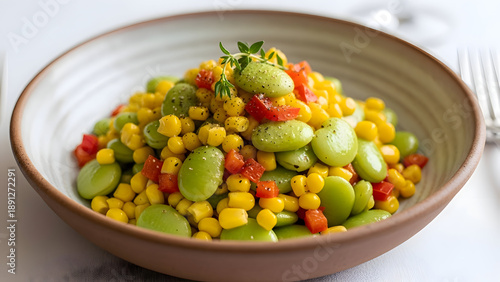 Fresh succotash salad with lima beans, corn, and diced red bell peppers, garnished with a sprig of thyme, served in a rustic bowl.
