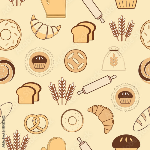 Bakery seamless pattern featuring various baked goods including croissants, donuts, bread, and muffins on a beige background with rolling pins and wheat illustrations