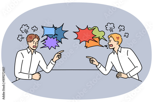 Quarrel two business men sitting at table and uttering accusations and insults against competitor. Quarrel between office employees is caused by lack of clear remuneration system in corporation