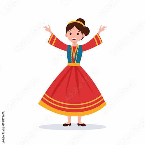 Young Woman Dancing in Traditional Red and Yellow Costume with Raised Arms Celebration