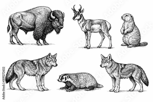 Hand-drawn wildlife collection featuring bison, antelope, prairie dog, wolves, badger