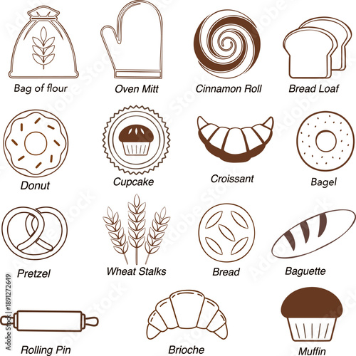 Doodles of various bakery items including bread, croissant, muffin, and donut with names displayed in a playful style on a light background
