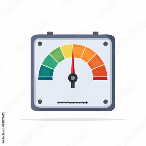 Square gauge indicator with a red needle displaying a level changing from green to red on a white background
