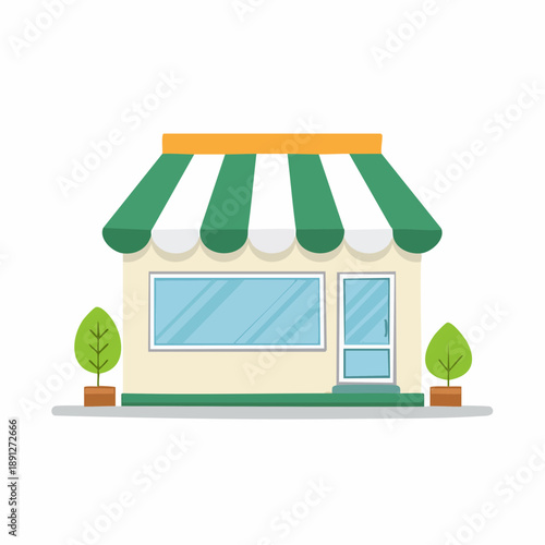 Cartoon Storefront: Shop Facade with Green Awning and Potted Trees