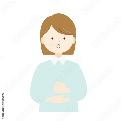 ポンと手を打って閃いた女性の上半身イラスト　ひらめき・発見・解決