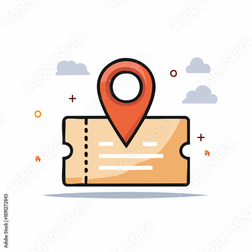 Ticket with Location Pin Symbol: Event or Travel Destination Concept Icon with Clouds