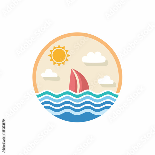 Sunlit Sailboat on Ocean Waves - Nautical Graphic Summer Day Water Sport Vacation